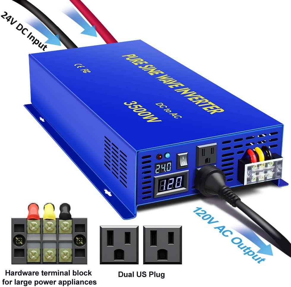 3500W Pure Sine Wave Power Inverter DC 24V to AC 110V 120V with LCD Display T501
